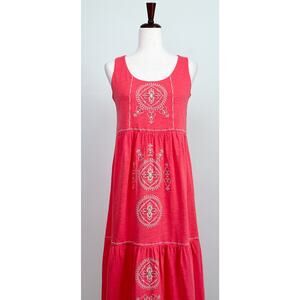 J. Jill Coral Embroidered Sleeveless Tiered Long Summer Resort Maxi Dress NWT